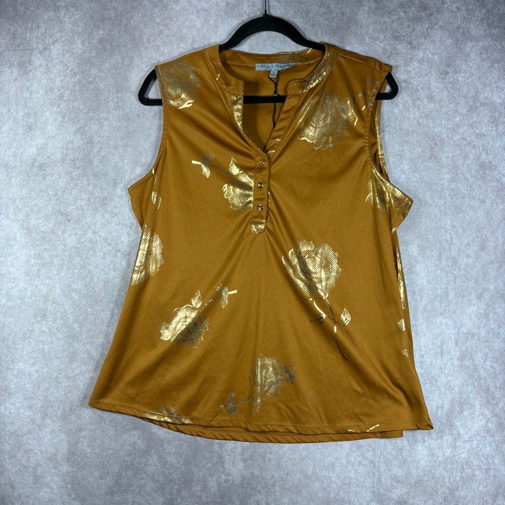 Alex & Parker Top Women XL‎ Gold Floral Sleeveless Henley V-Neck Metallic Rose